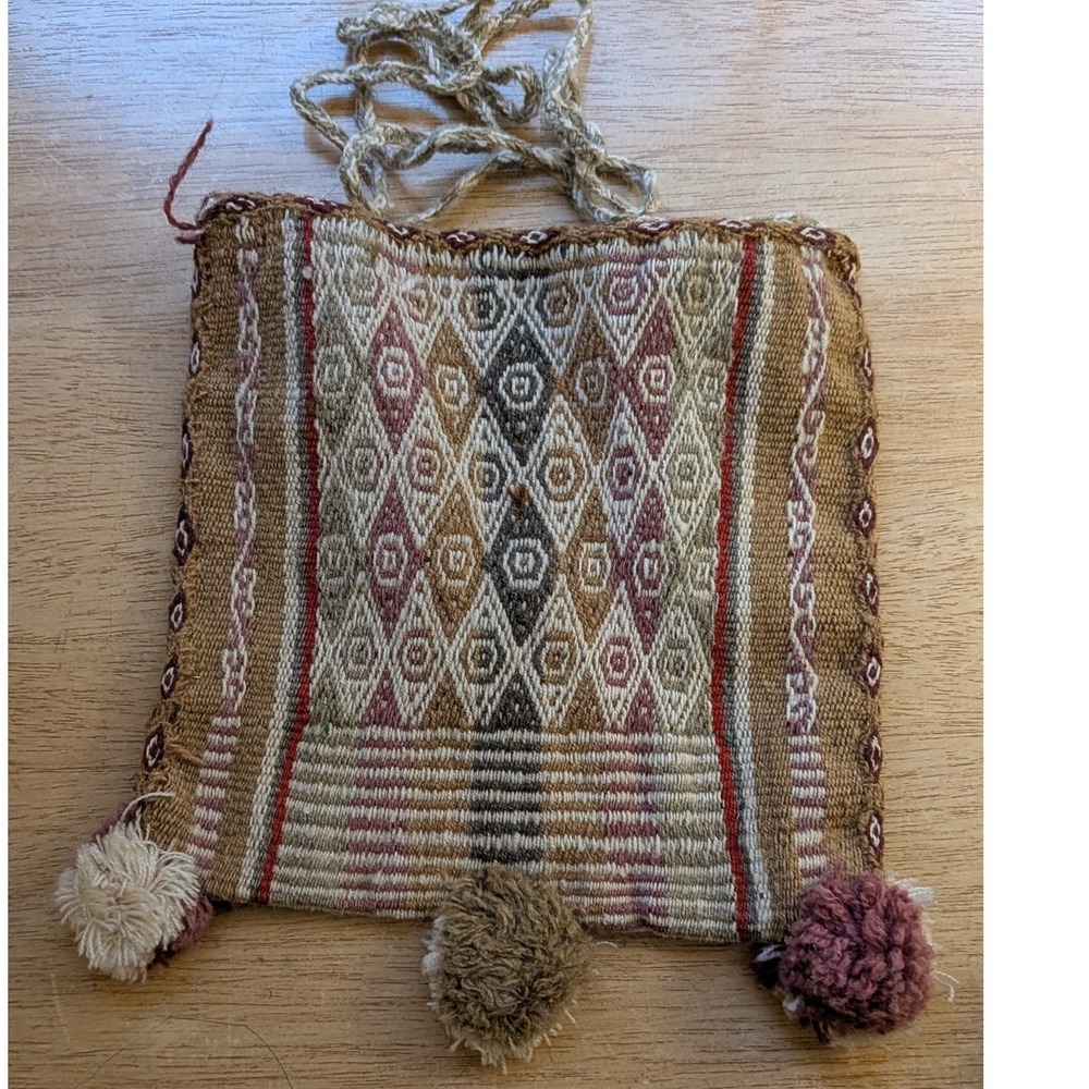 Handmade Bolivian Woven Fiber Bag Andean Natural Dye Geometric Pouch Pom Poms
